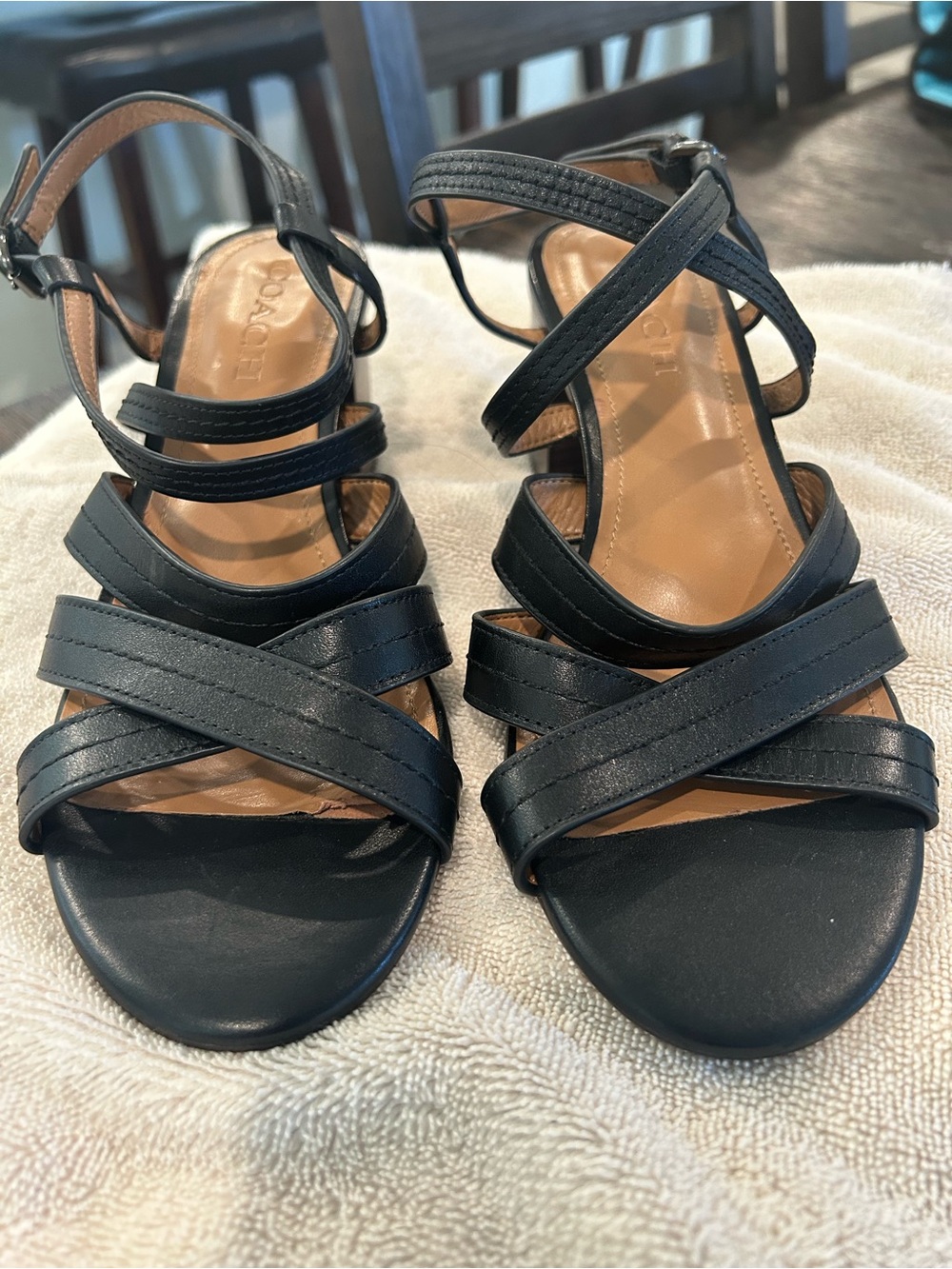 Coach Black Strappy Crossband Leather Sandals